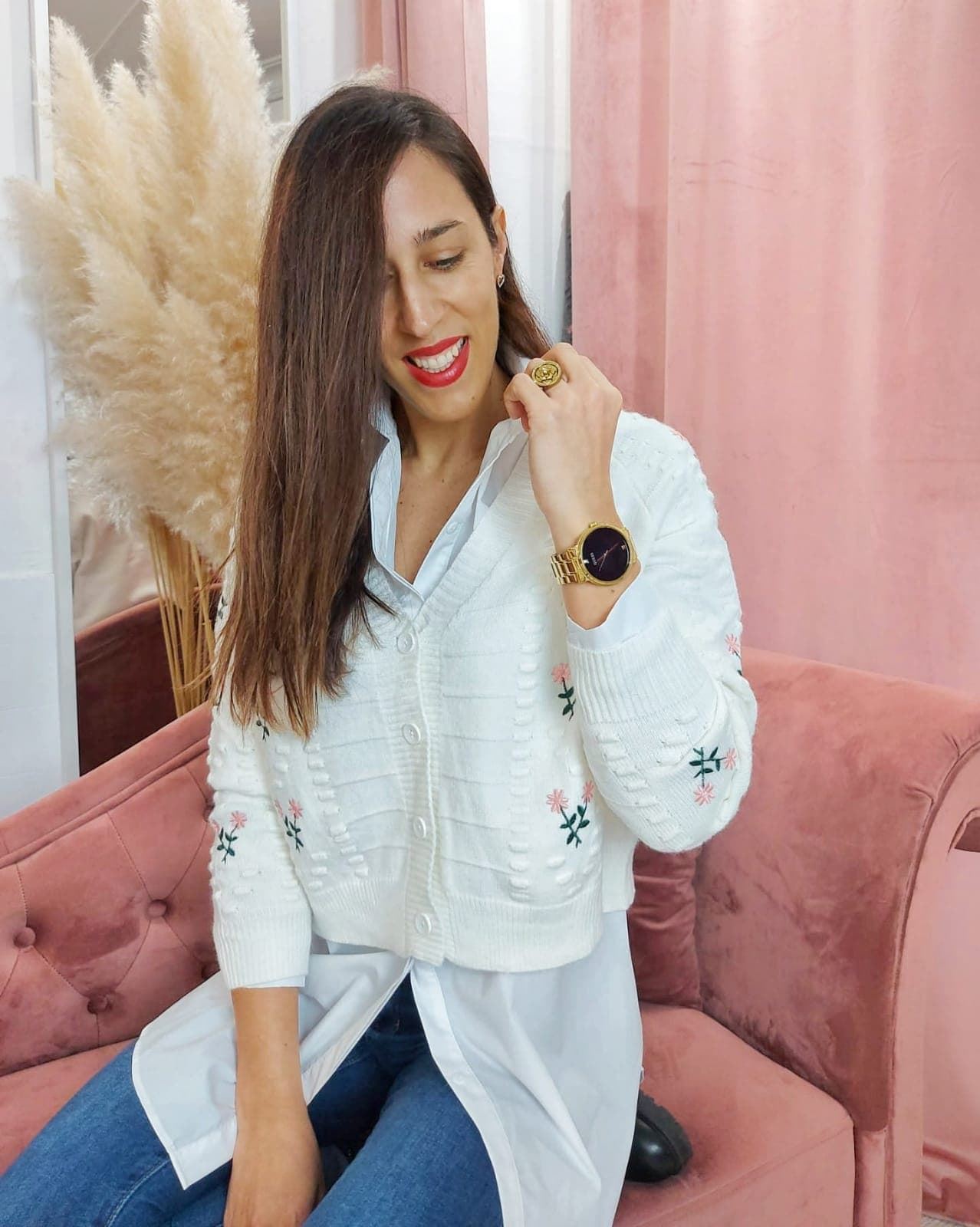 CHAQUETA PUNTO FLORES BLANCA - Imagen 1