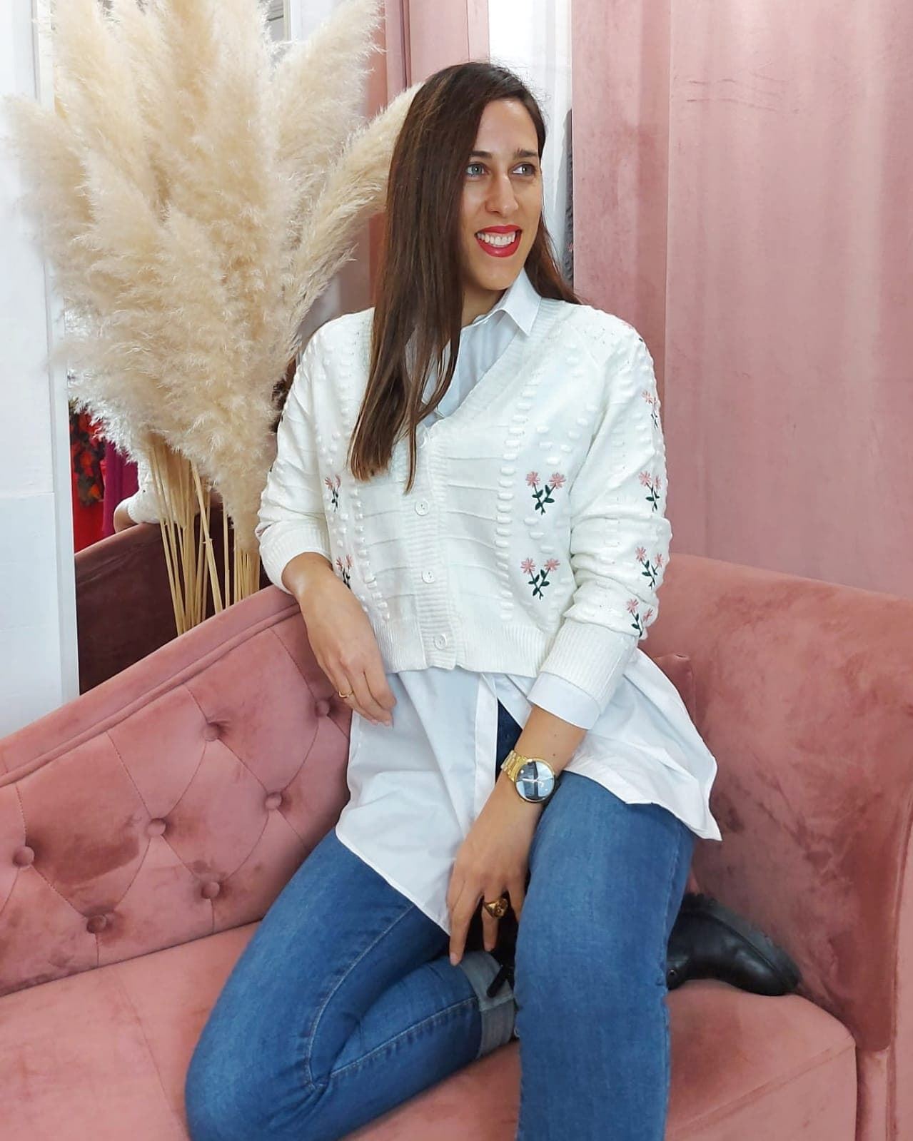 CHAQUETA PUNTO FLORES BLANCA - Imagen 2