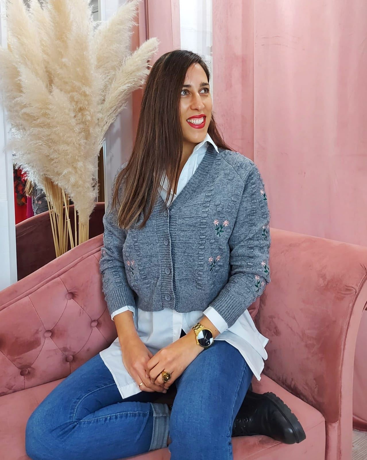 CHAQUETA PUNTO FLORES GRIS - Imagen 2
