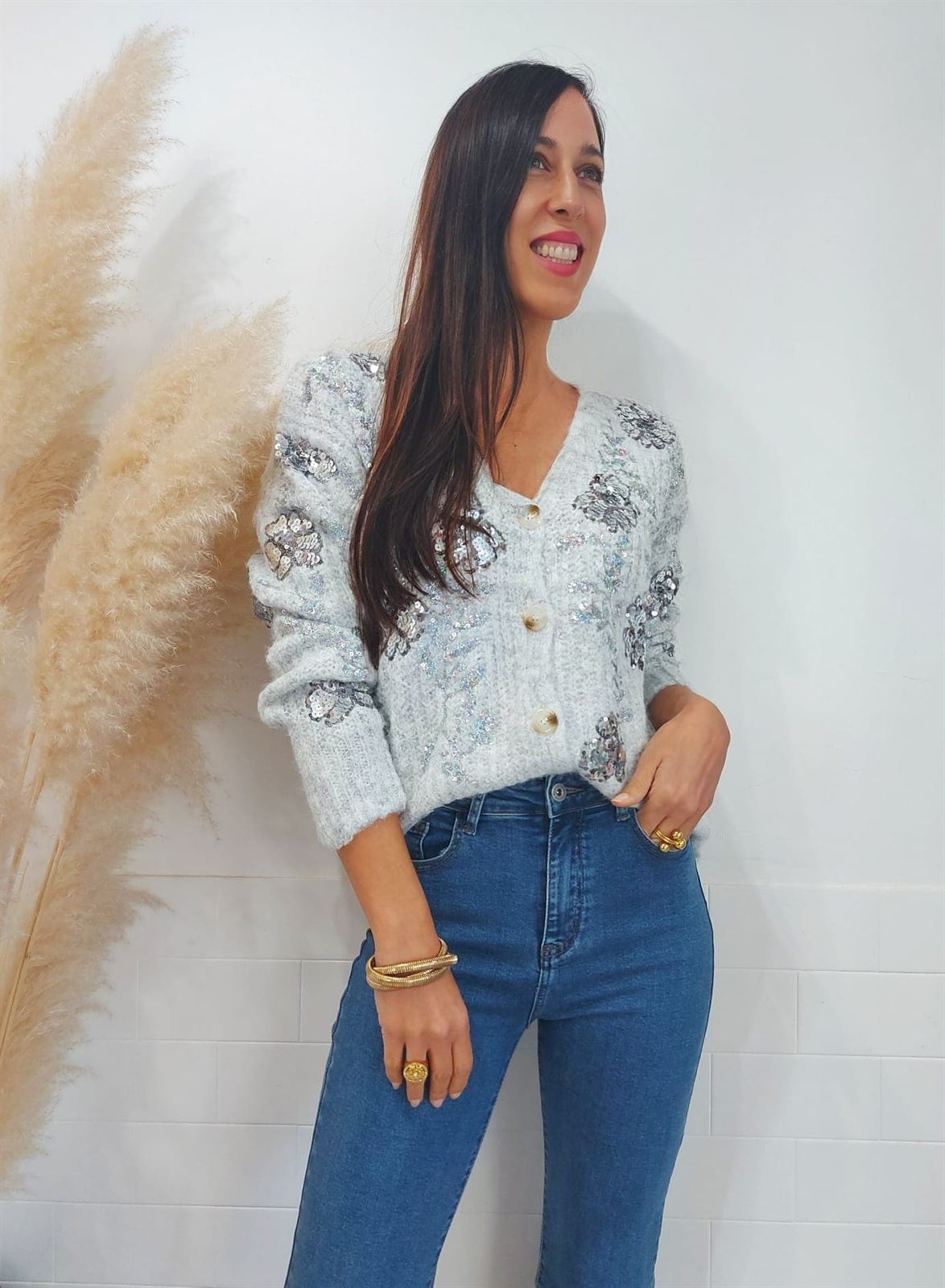 CHAQUETA PUNTO LENTEJUELA GRIS - Imagen 1