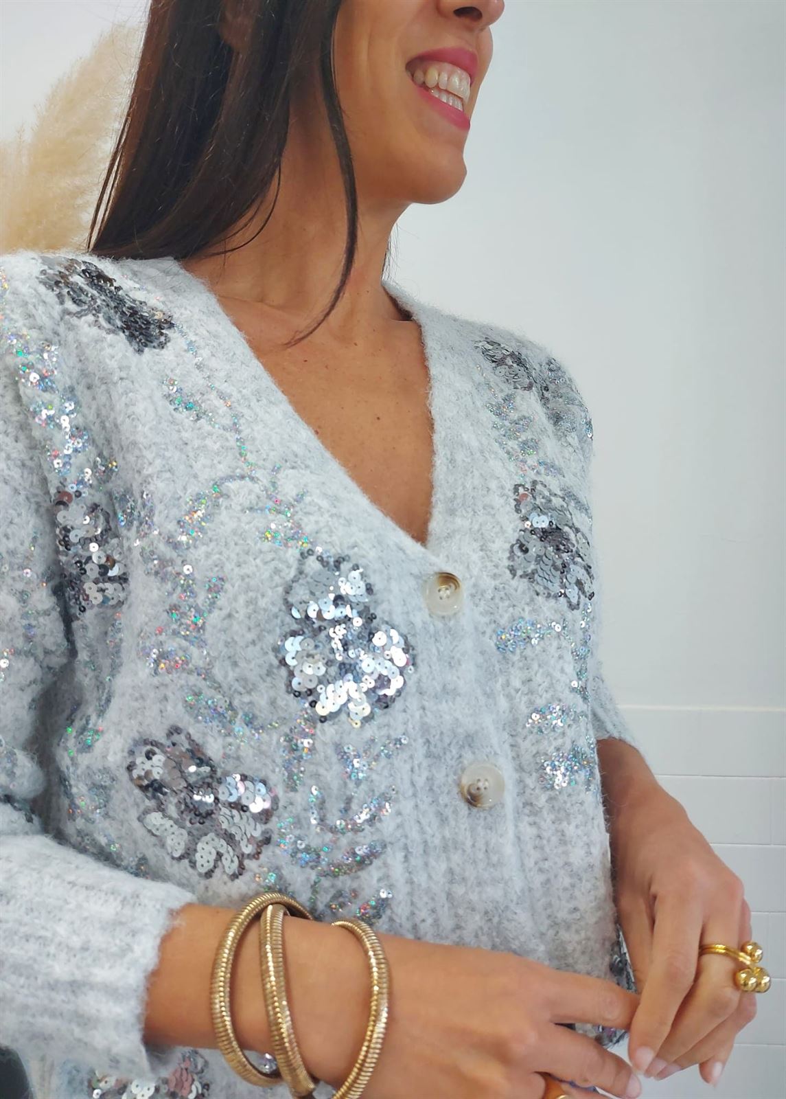 CHAQUETA PUNTO LENTEJUELA GRIS - Imagen 2
