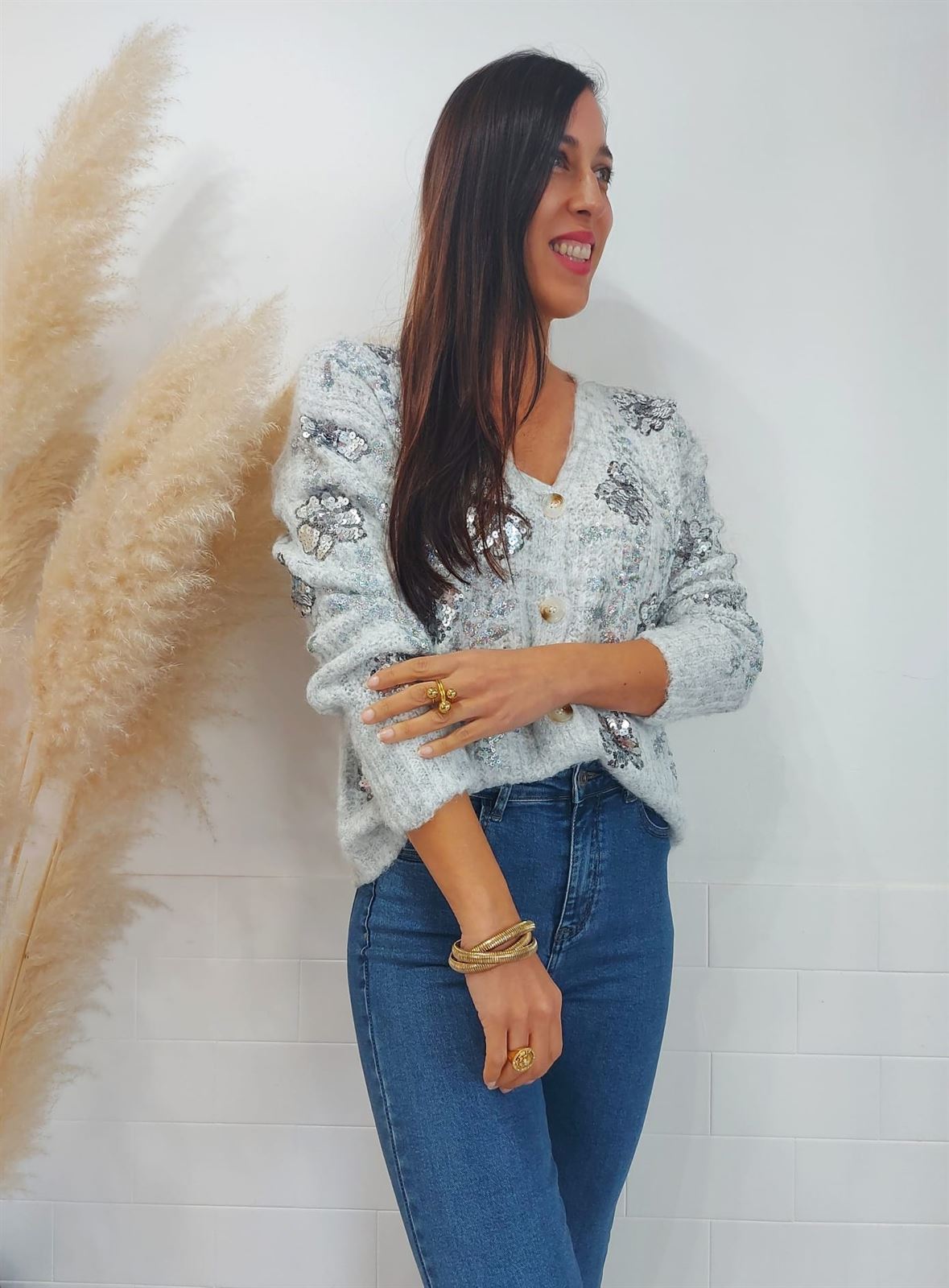 CHAQUETA PUNTO LENTEJUELA GRIS - Imagen 3