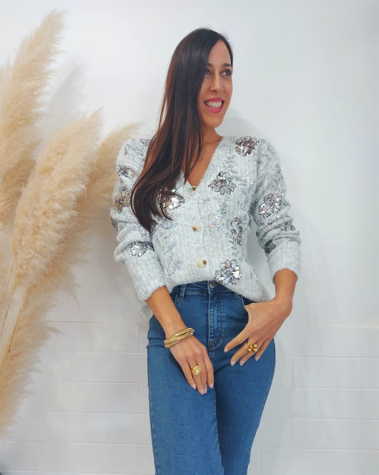 CHAQUETA PUNTO LENTEJUELA GRIS - Imagen 5