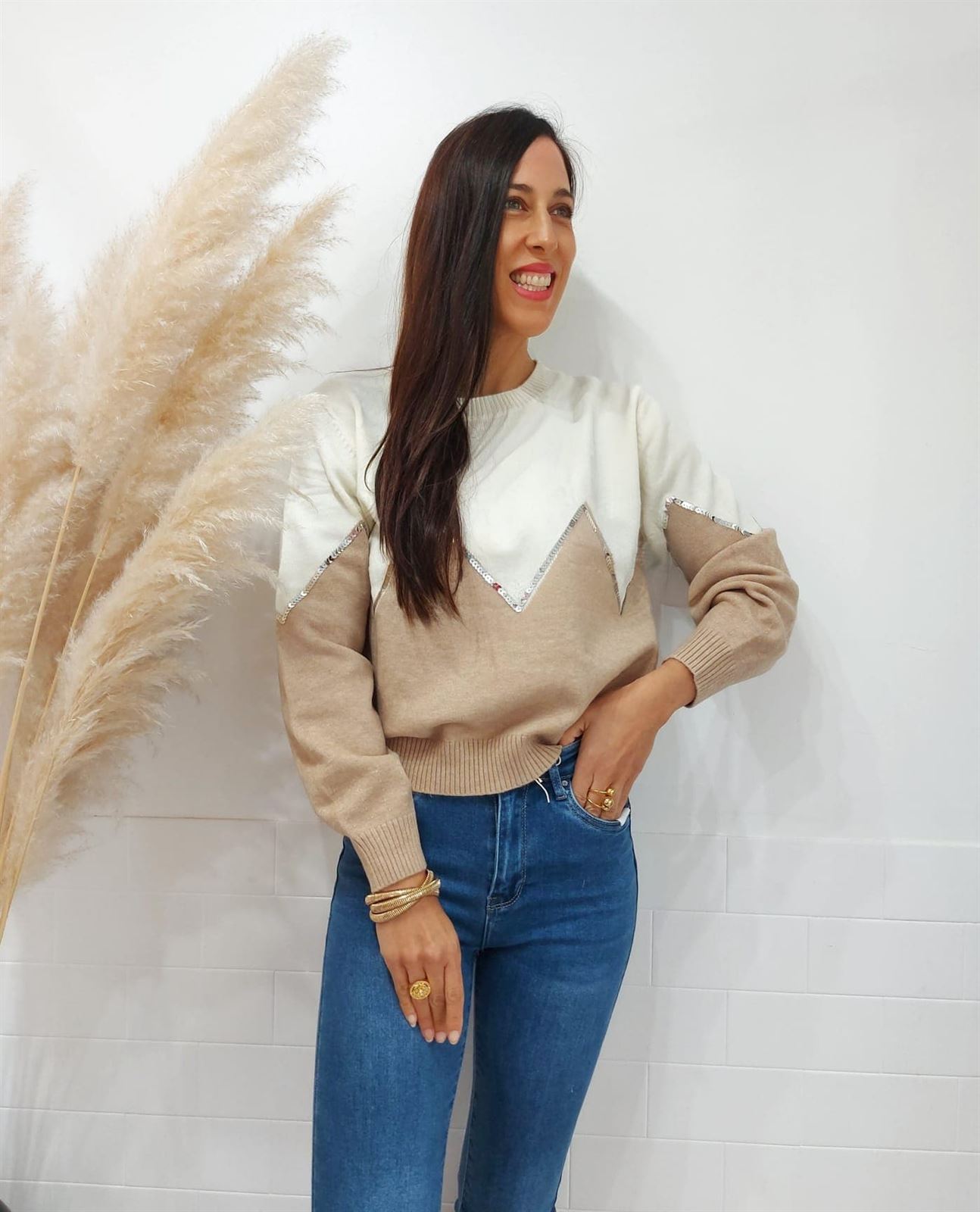 JERSEY LENTEJUELA CAMEL - Imagen 1