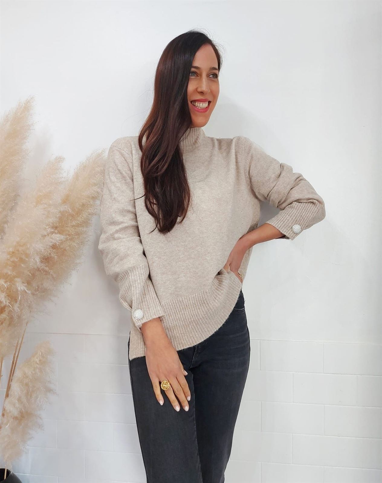 JERSEY LISO BOTÓN BEIGE - Imagen 1