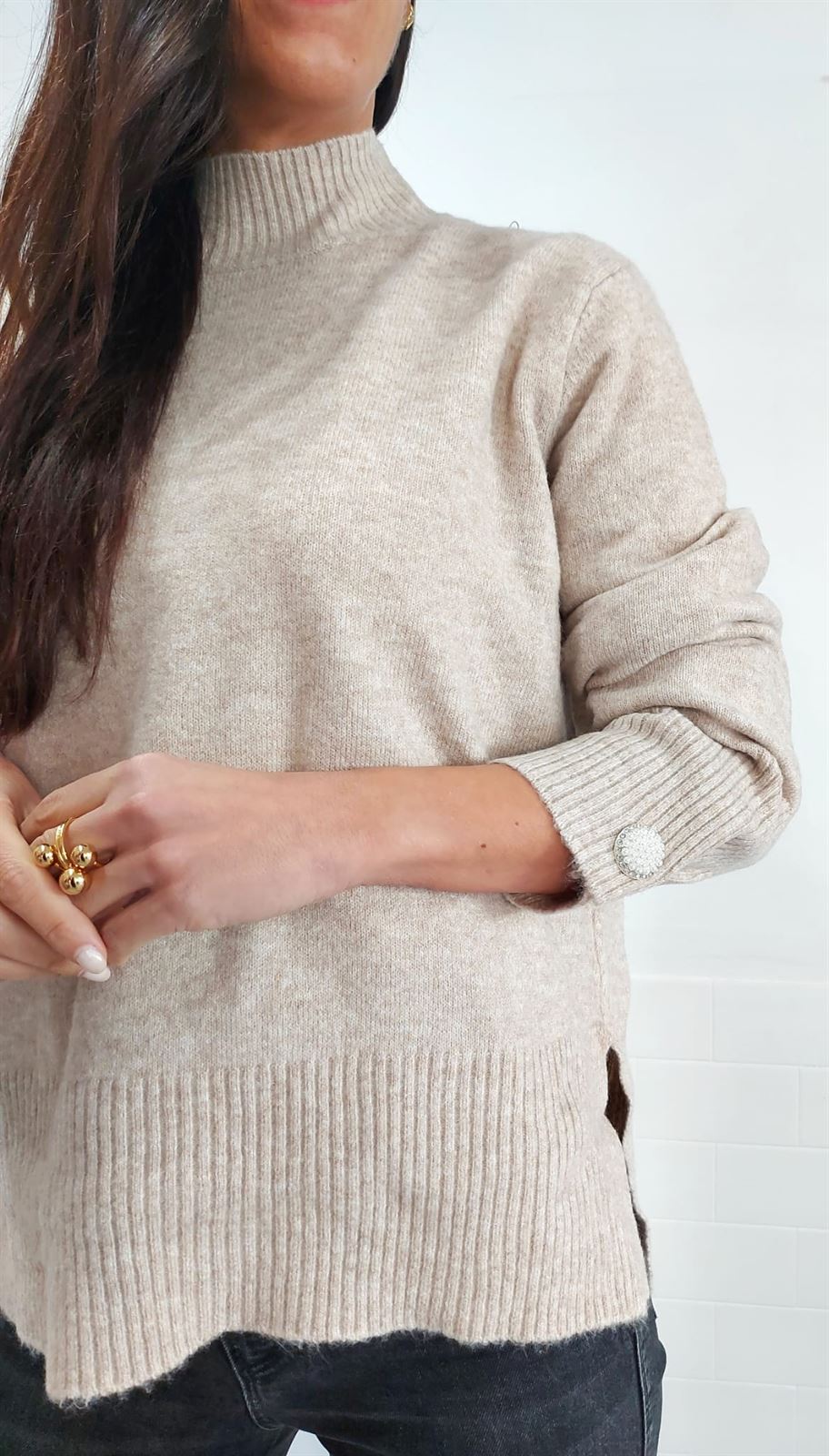 JERSEY LISO BOTÓN BEIGE - Imagen 2