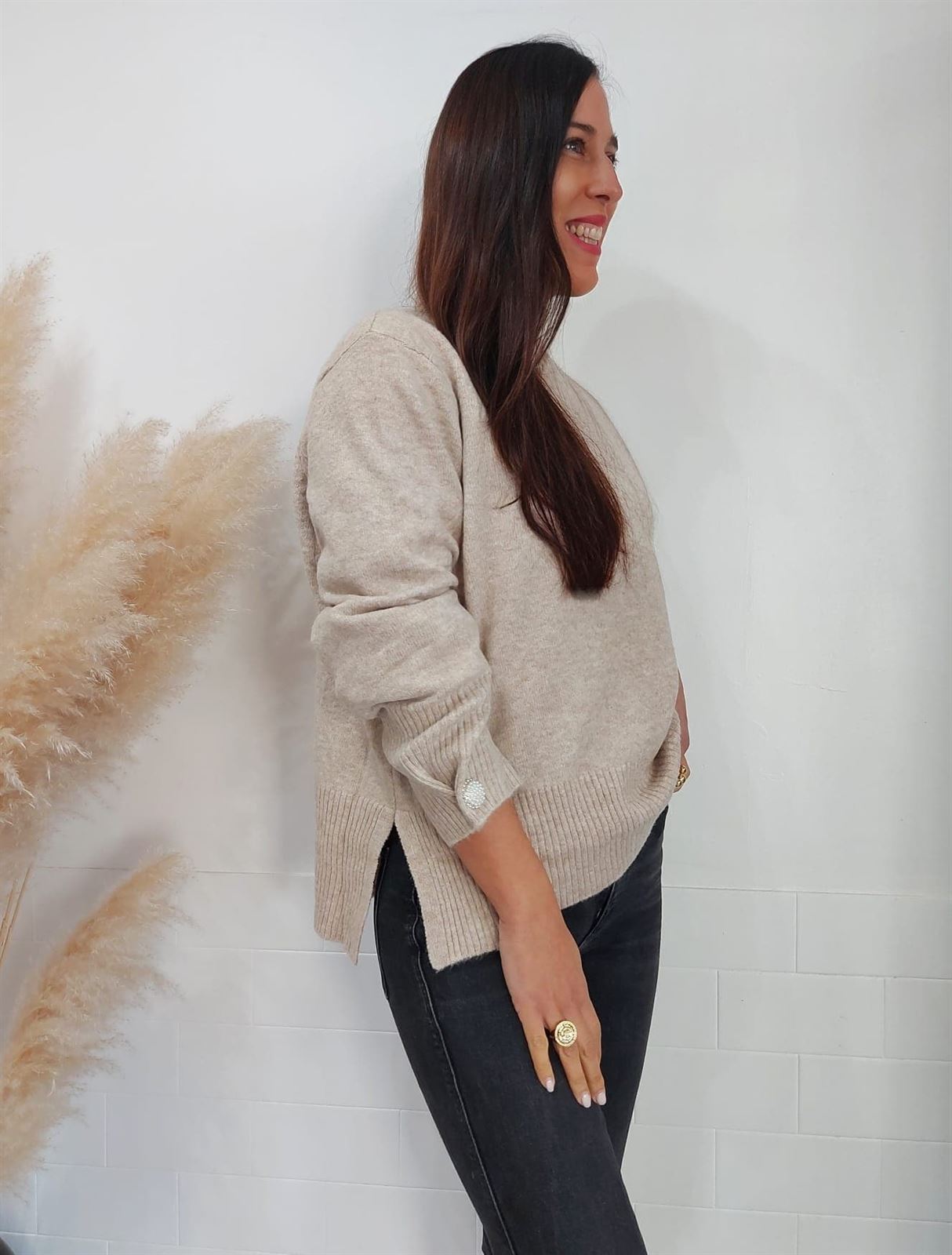 JERSEY LISO BOTÓN BEIGE - Imagen 3