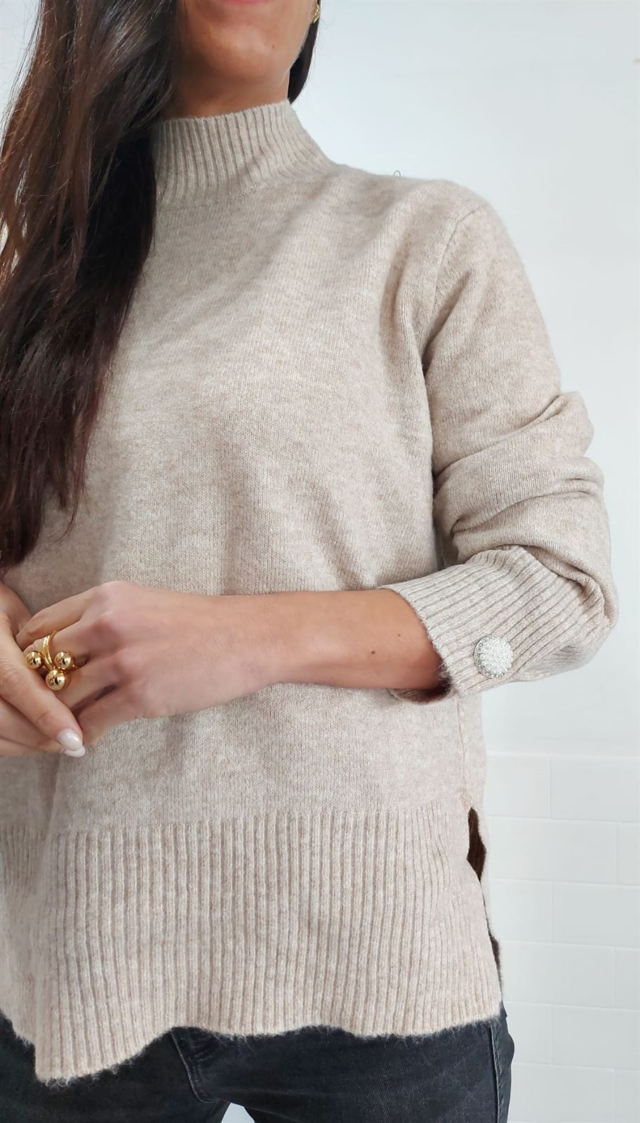 JERSEY LISO BOTÓN BEIGE - Imagen 4