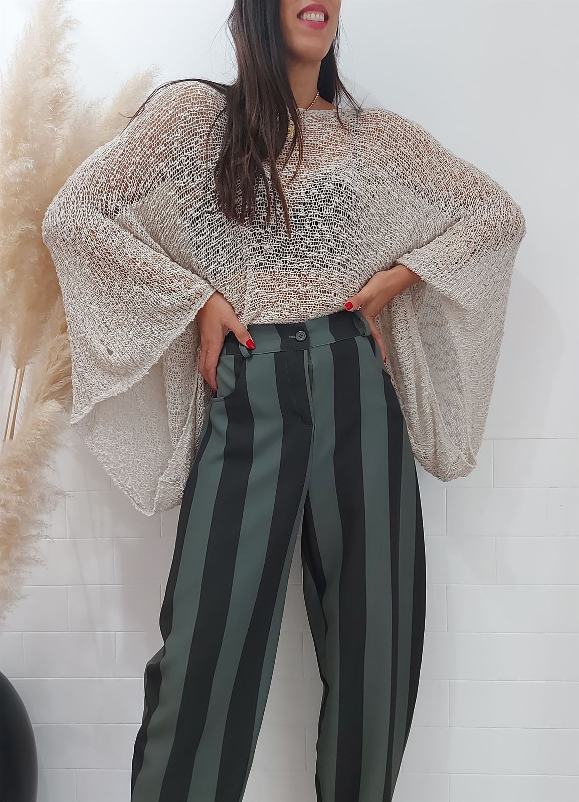 PANTALON BALLOON RAYAS BICOLOR KAKI - Imagen 1