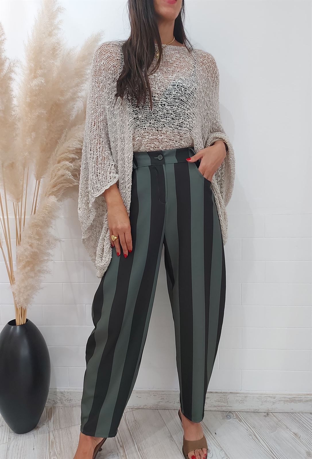 PANTALON BALLOON RAYAS BICOLOR KAKI - Imagen 2