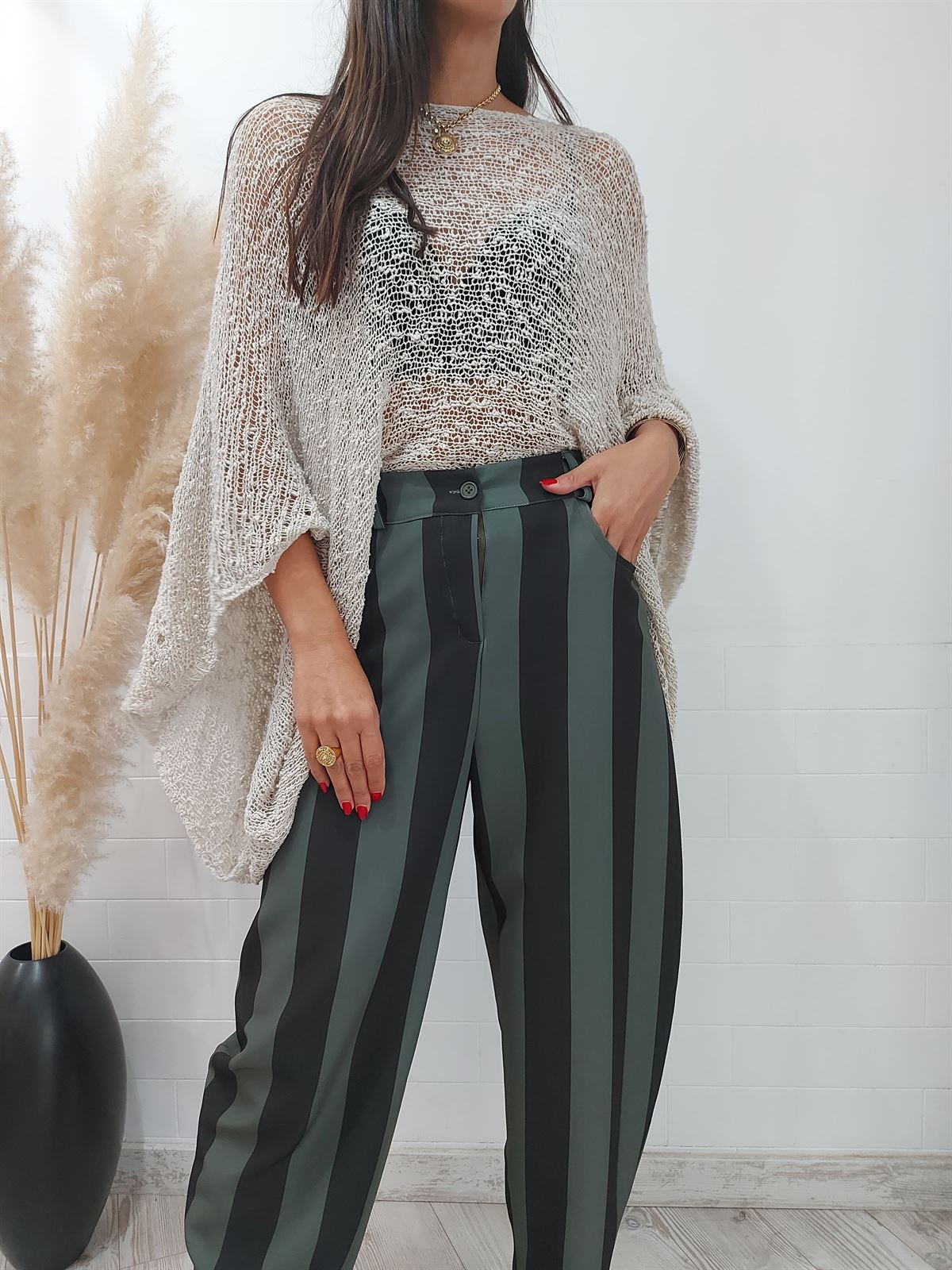 PANTALON BALLOON RAYAS BICOLOR KAKI - Imagen 3