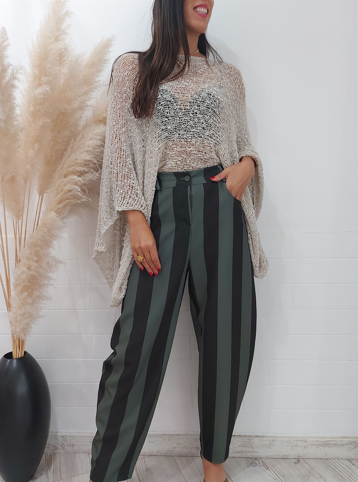 PANTALON BALLOON RAYAS BICOLOR KAKI - Imagen 4
