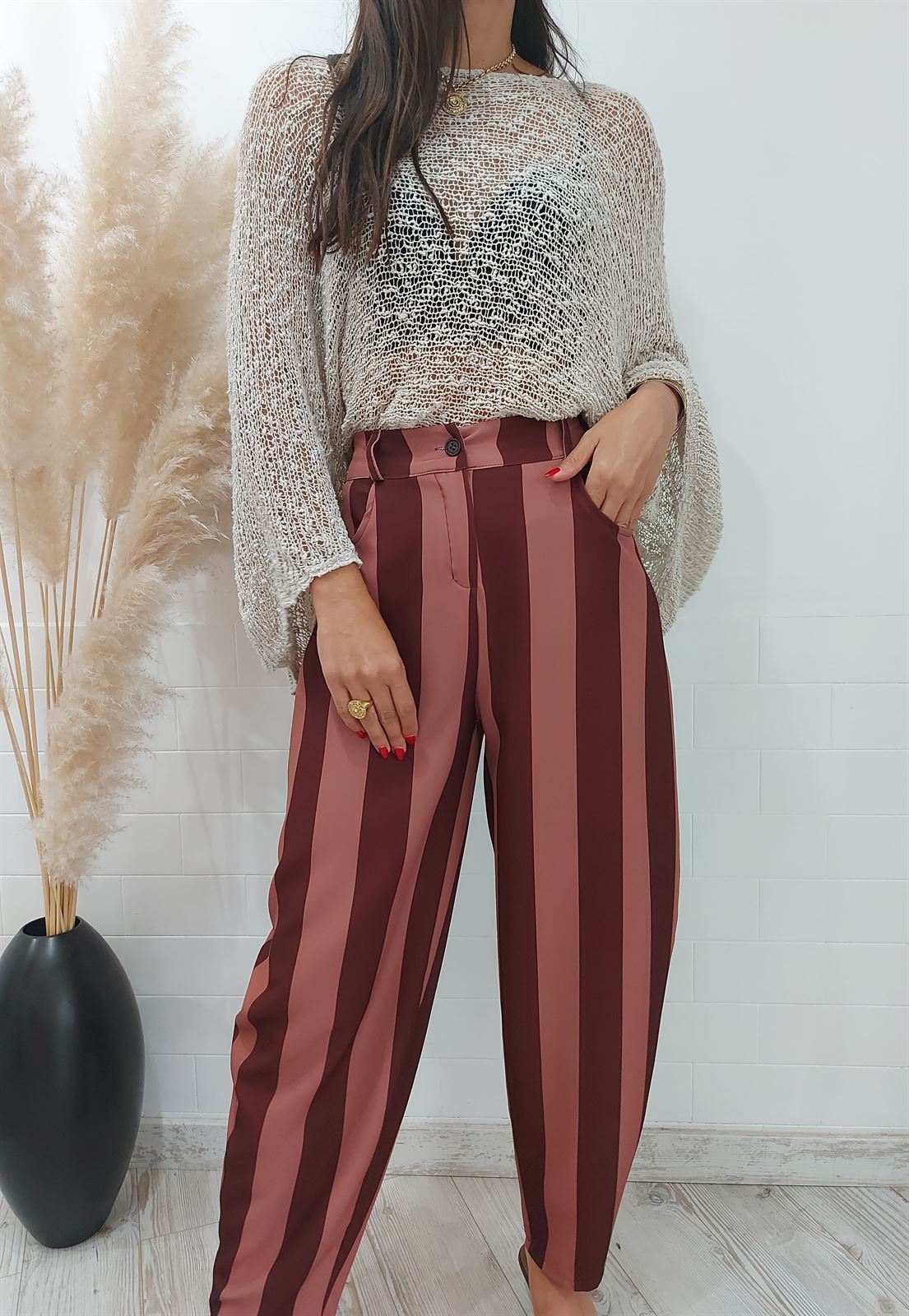 PANTALON BALLOON RAYAS BICOLOR TEJA - Imagen 1