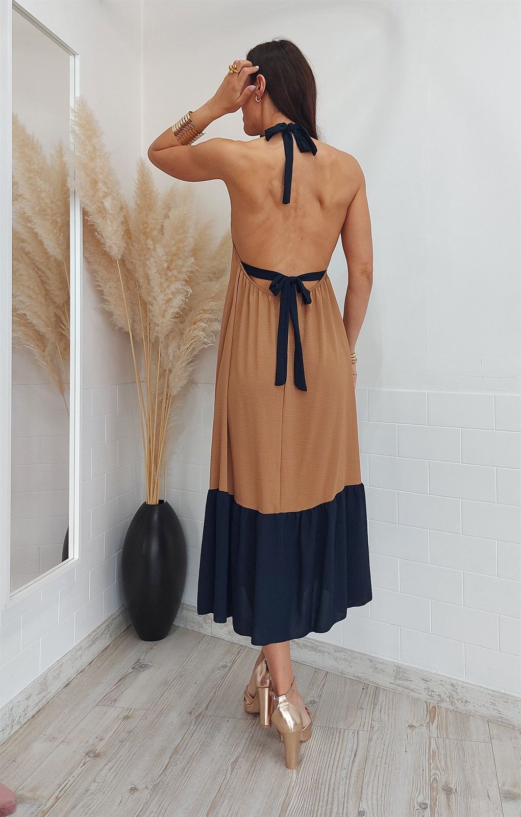 VESTIDO BICOLOR CAMEL - Imagen 1