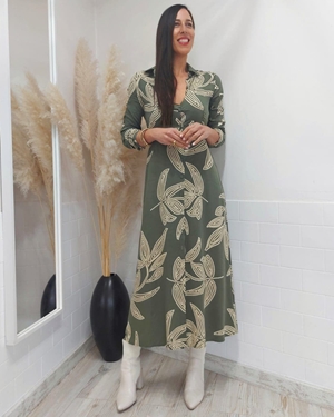 VESTIDO CAMISERO HOJAS KAKI - Imagen 2