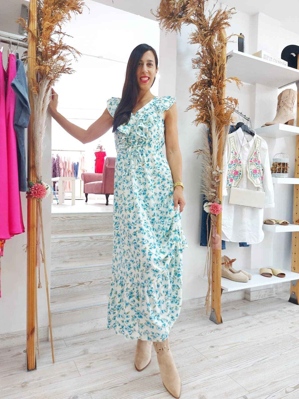 VESTIDO ESTAMPADO DOBLE VOLANTE AZUL - Imagen 1