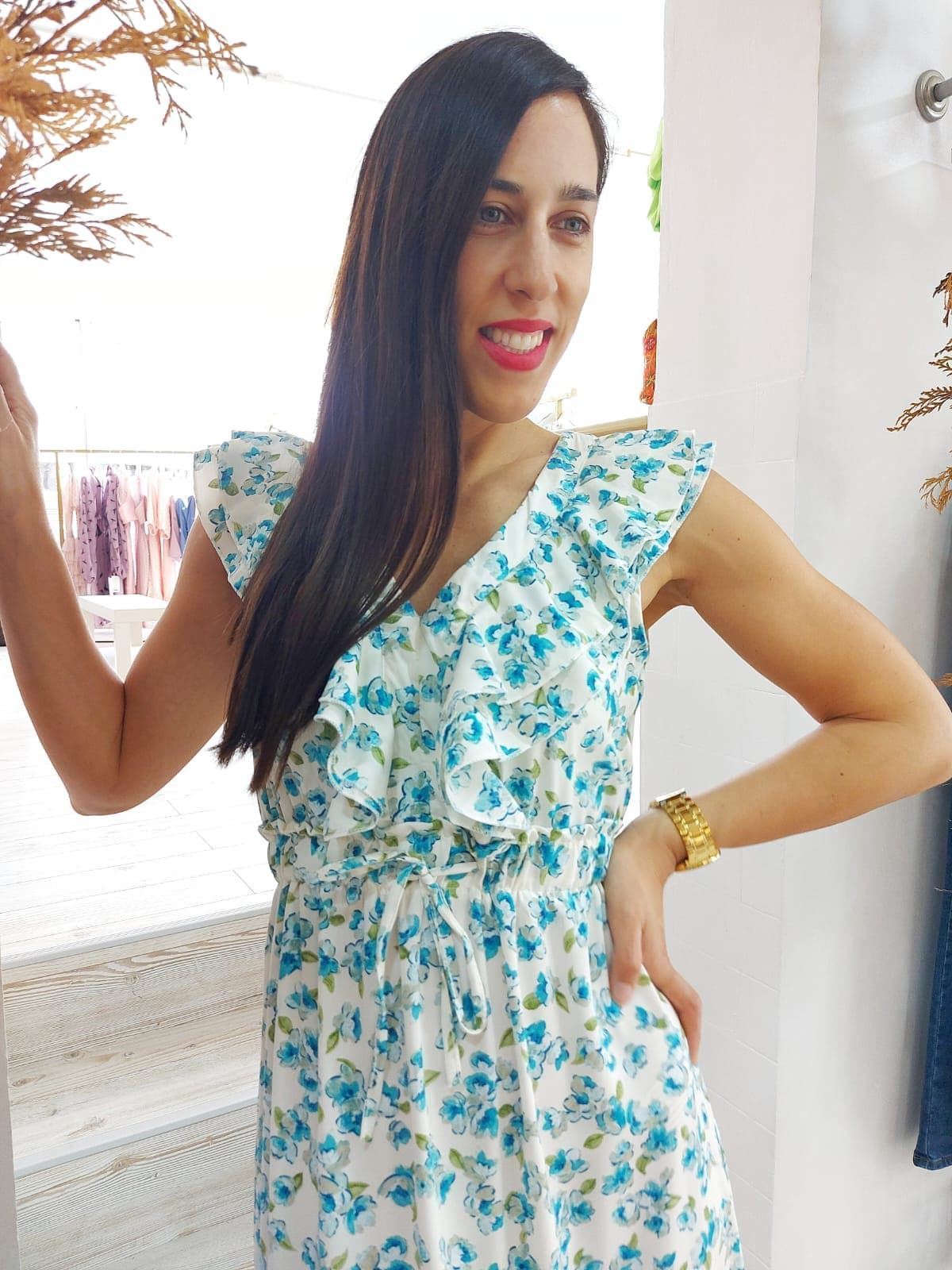 VESTIDO ESTAMPADO DOBLE VOLANTE AZUL - Imagen 5