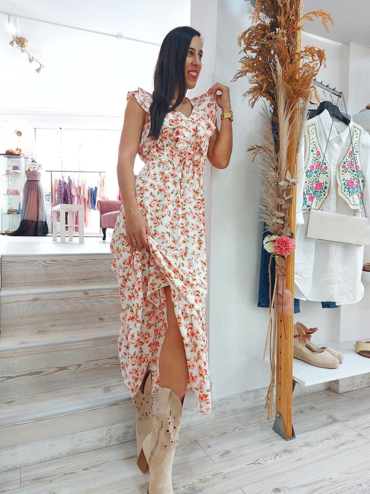 VESTIDO ESTAMPADO DOBLE VOLANTE ROJO - Imagen 1