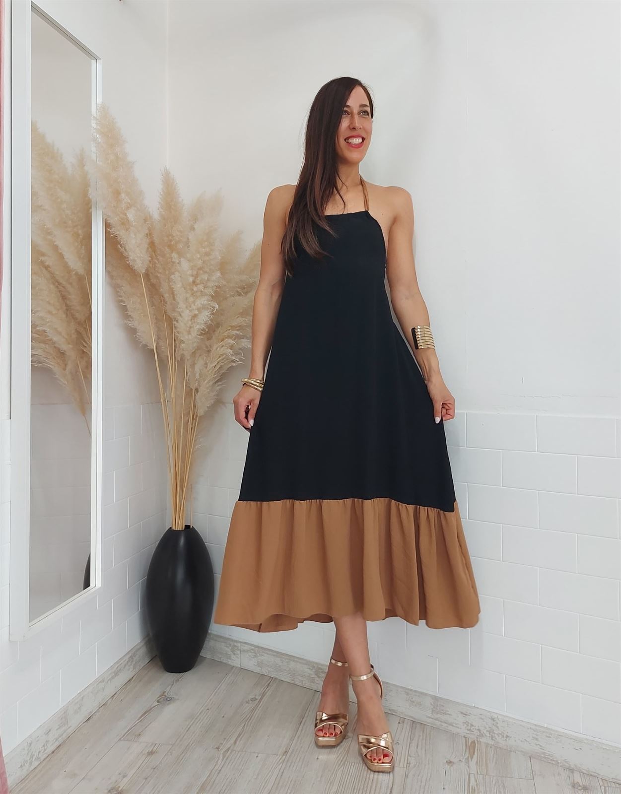 VESTIDO HALTER BICOLOR NEGRO - Imagen 1