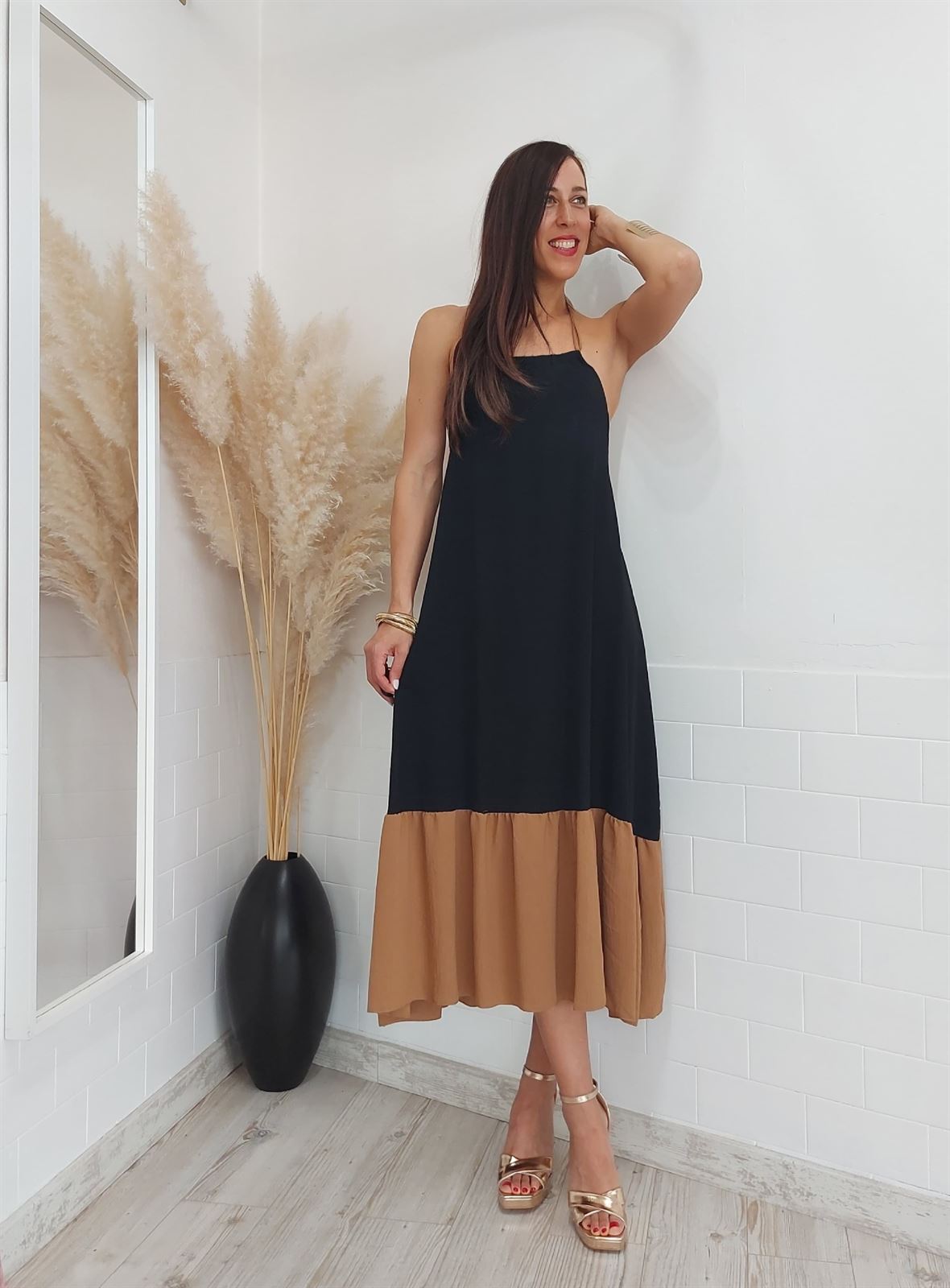 VESTIDO HALTER BICOLOR NEGRO - Imagen 2