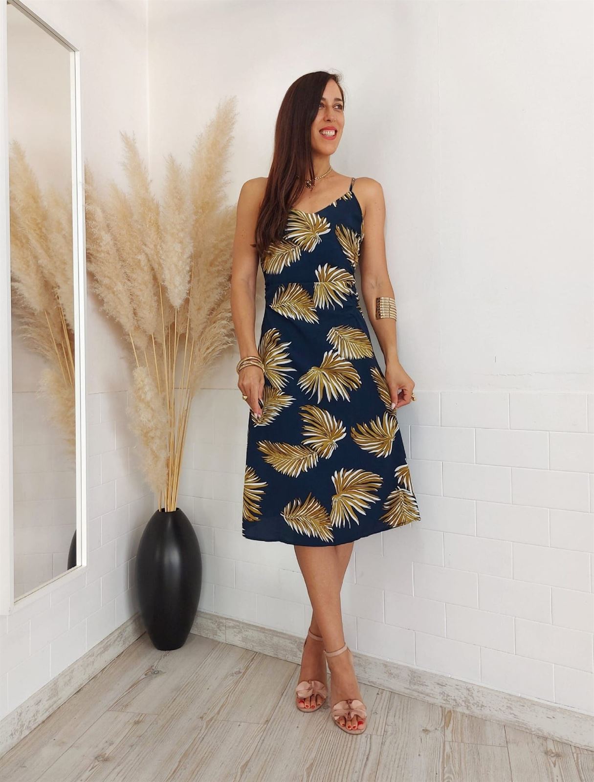 VESTIDO HOJAS MARINO - Imagen 1