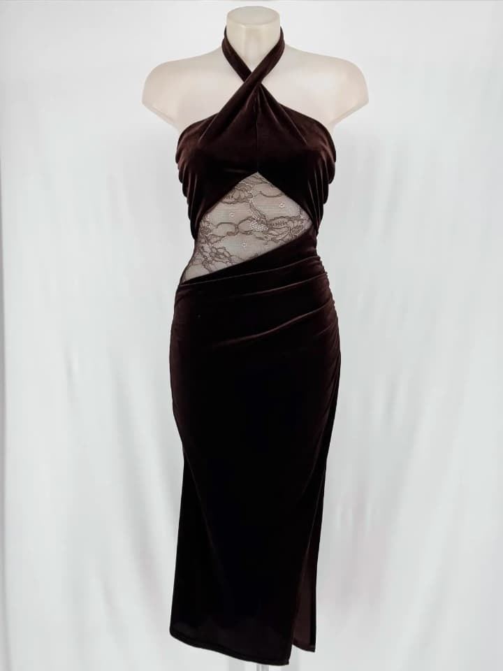 VESTIDO TERCIOPELO ENCAJE CHOCOLATE - Imagen 1