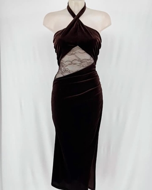 VESTIDO TERCIOPELO ENCAJE CHOCOLATE - Imagen 1
