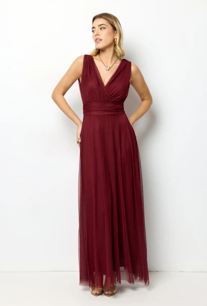 VESTIDO TUL LAZO BURDEOS CON FULAR - Imagen 1