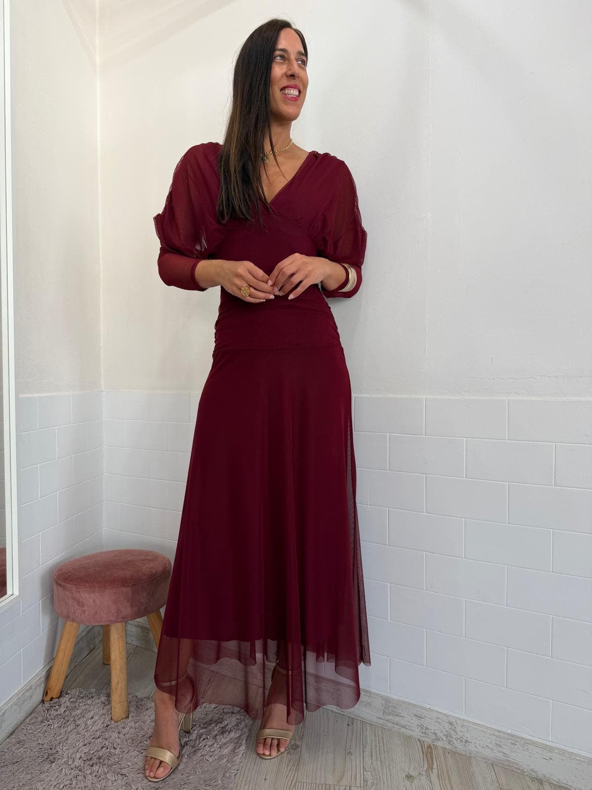 VESTIDO TUL MANGA BURDEOS - Imagen 1