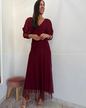VESTIDO TUL MANGA BURDEOS - Imagen 1