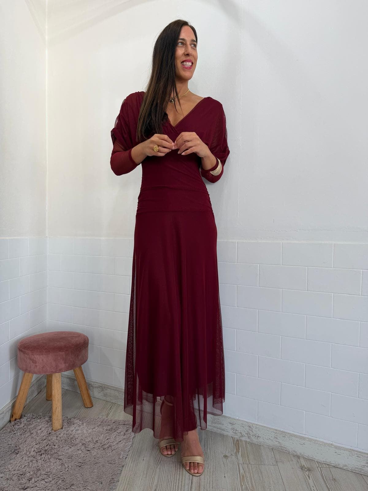 VESTIDO TUL MANGA BURDEOS - Imagen 3
