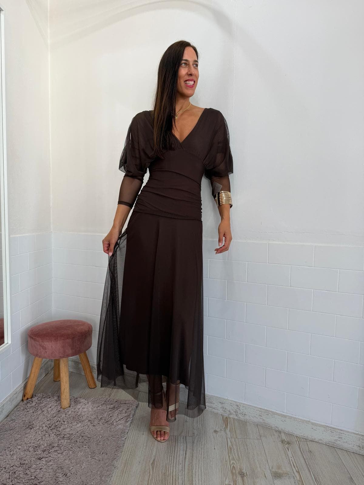 VESTIDO TUL MANGA CHOCOLATE - Imagen 1