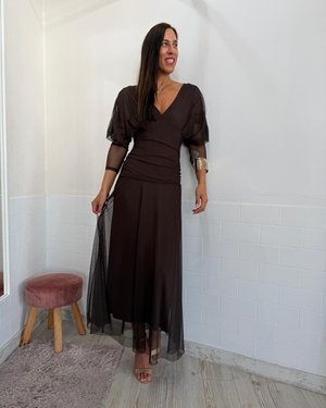 VESTIDO TUL MANGA CHOCOLATE - Imagen 1