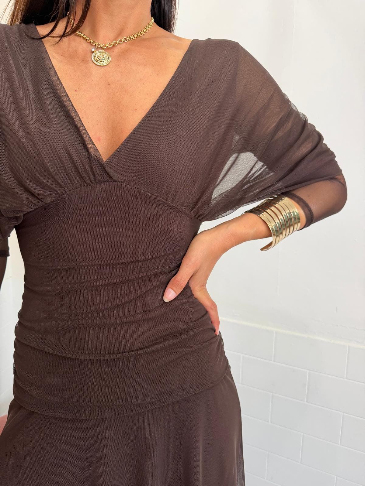 VESTIDO TUL MANGA CHOCOLATE - Imagen 2