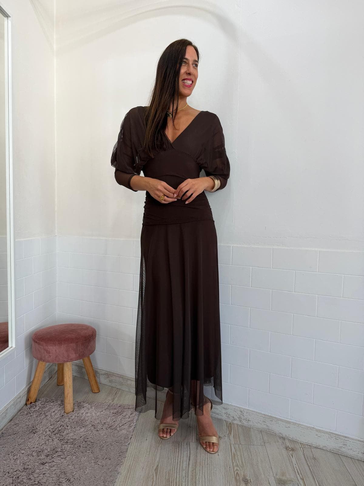 VESTIDO TUL MANGA CHOCOLATE - Imagen 3